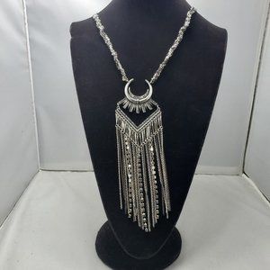 BKE Boho vintage silver metal chain necklace with fringe rhinestones and chain